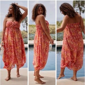 Anthropologie Harem Strapless Jumpsuit Womens 3X Orange Boho Floral Romper NEW